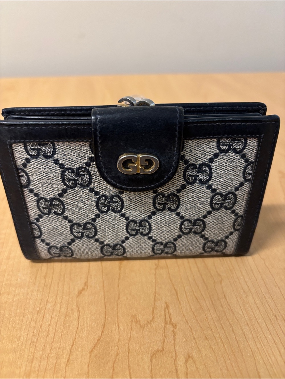 Gucci Beige GG Canvas Wallet with Black Leather Trim and Gold Hardware